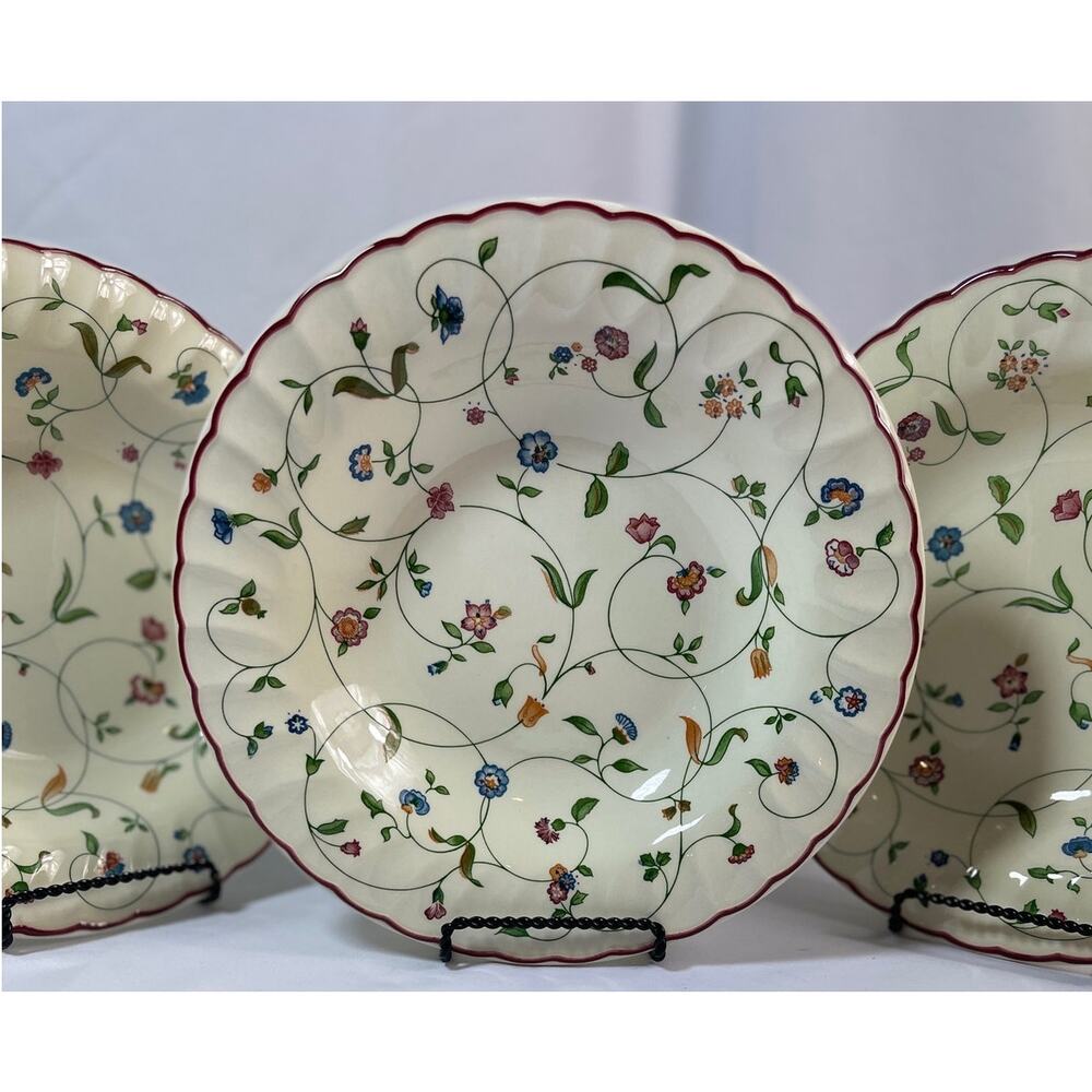 Set of 6 Vintage Staffordshire Oakwood Floral 9" Bowls with Burgundy Rim England